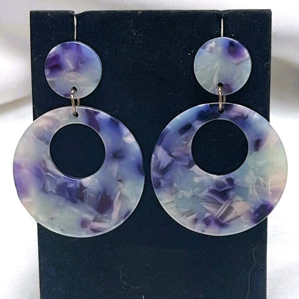 Vintage Marbled (Blues, Grays, Purples) Design Round Acrylic Dangle Earrings-NEW